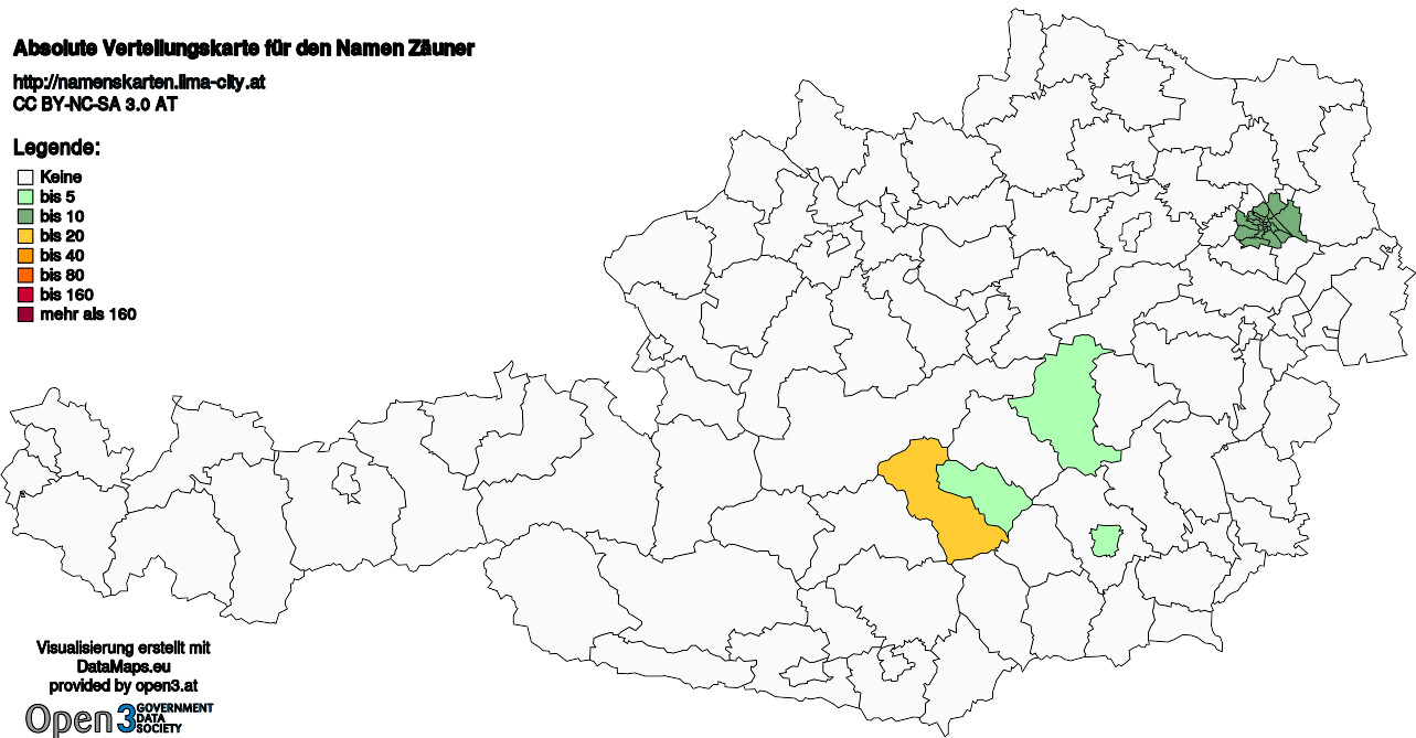 Absolute Verteilungskarten Nachnamen Zäuner